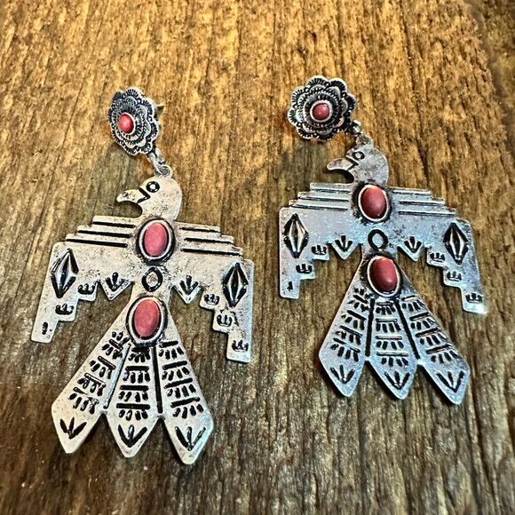 Metal Native Thunderbird Post Dangle Earrings in Red - Picture 5 of 8
